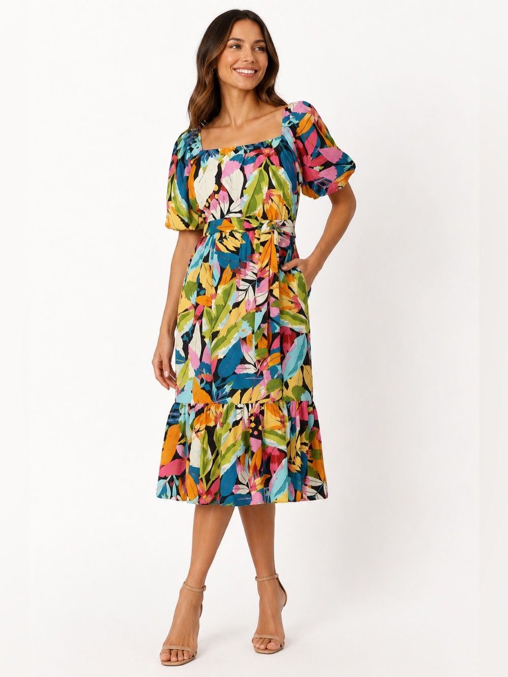 Maia Tropical Print Square Neck Short Puff Sleeve Midi Dress 8